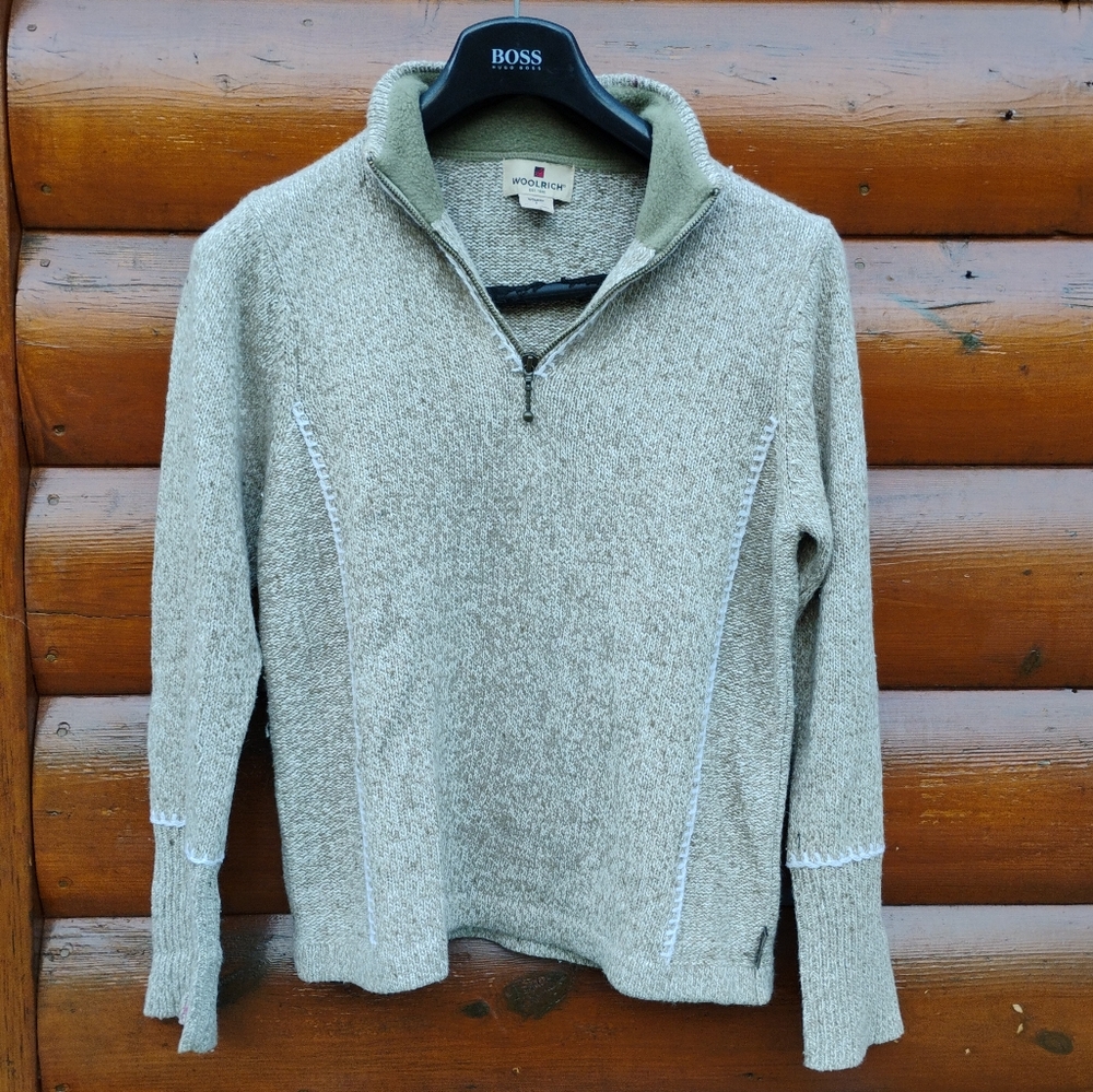 🐏 Woolrich  1/4 Zip Blanket Stitch KHAKI HEATHER  Sz S Super Cozy